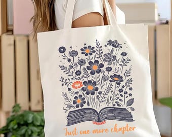 Sac fourre-tout floral Just One More Chapter, cadeau pour les amoureux des livres, fourre-tout floral livresque, sac esthétique de lecture, cadeau lecteur, cabas littéraire Cabas rat de bibliothèque