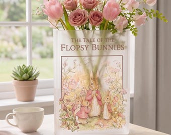 Storybook Bunny Girl Acrylic Book Vase, Whimsical Floral, Cottagecore Peter Rabbit Baby Shower Gift Nursery Decor, Kids Beatrix Potter