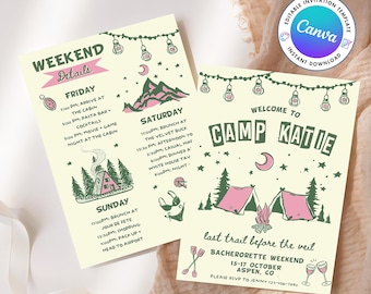 Camp Bachelorette Party Invitation and Itinerary Template | Mountain Bachelorette Girls Trip Weekend Invite Hike Last Trail Before The Veil