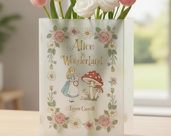 Alice in Wonderland Book Vase, Acrylic Book Vase Decor, Whimsical Vintage Floral Vase, Storybook Fantasy Room Decor, Book Lover Shelf Decor