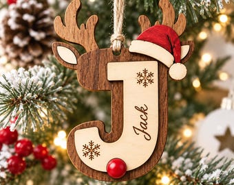 Personalized Initial Wood Ornament, Custom Name Reindeer Christmas Keepsake, Monogram Holiday Gift, Kids Tree Ornament, Christmas Decor 2026