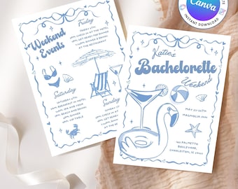 Puede incluir: Una invitación imprimible para un fin de semana de despedida de soltera en azul y blanco con un flotador de flamenco, una copa de cóctel y una pelota de playa. El texto dice "Katie's Bachelorette Weekend" e incluye las fechas "May 23-25th" y la ubicación "Magnolia Inn".