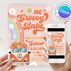 May include: A pink and orange invitation with a rainbow and daisies. The text reads "One Groovy Babe" and "Join us to celebrate Sarah's Birthday". The invitation features a vintage van with flowers on top.