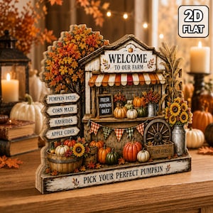 Könnte beinhalten: Ein flaches 2D-Tischschild aus Holz mit einer herbstlichen Hofladen-Szene, orangefarbenen Kürbissen, Sonnenblumen und einem Baum mit Herbstlaub. Das Schild enthält die Aufschriften Welcome to our farm, Fresh pumpkins daily und Pick your perfect pumpkin.