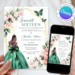 Modèle d'invitation de Quinceañera vert émeraude floral or princesse, invitation de Quinceañera vert émeraude et or, 16e anniversaire d'invitation