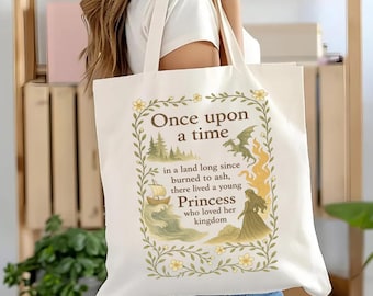 Once Upon a Time Book Tote Bag | Fantasy Quote Gift | Princess Dragon Art Tote | Aelin Inspired Bookish Bag | Throne of Glass Merch