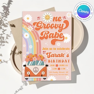 May include: A groovy 70s themed birthday invitation with a rainbow, daisies, and a vintage van with flowers on top. The text reads "One Groovy Babe Sarah's Birthday Sun June 23 2 PM 7 PM 128 Funky Street, AC RSVP to Lily 555-4669-8898"