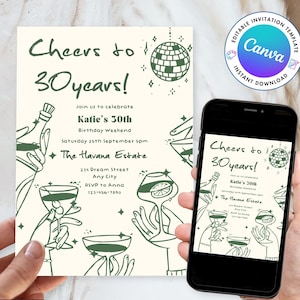 BIRTHDAY INVITE TEMPLATE | 18th 21st 30th 40th 50th | dinner party tapas | hand drawn quirky funky scribble illustration | drinks cocktails