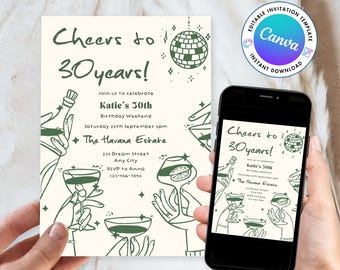 BIRTHDAY INVITE TEMPLATE | 18th 21st 30th 40th 50th | dinner party tapas | hand drawn quirky funky scribble illustration | drinks cocktails