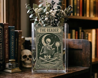 The Reader Gothic Book Vase, Flower Vase for Dark Academia Readers, Skeleton Literary Decor, Spooky Halloween Home Accent, Witchy Book Decor