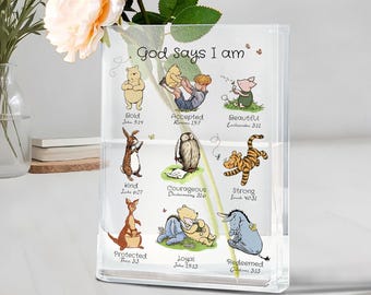 Classic Winnie The Pooh Inspirational Gift Book Vase, God Says I am Biblical Affirmations, Christian Nursery Decor, Bible Verses Kid's Room