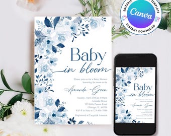 Dusty Blue Baby in Bloom Baby Shower Invitation Template, Baby in Bloom Invitation, Boy Blue Floral Baby Brunch Invite, Blue Flowers Invite