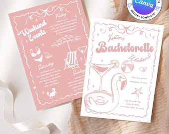 May include: Pink and white printable bachelorette weekend invitation with a retro font. The invitation features a flamingo pool float, a cocktail glass, a beach ball, and a starfish. The text reads "Katie's Bachelorette Weekend" and includes the dates "May 23-25th" and the location "Magnolia Inn, 185 Palmetto Boulevard, Charleston, SC 29403".
