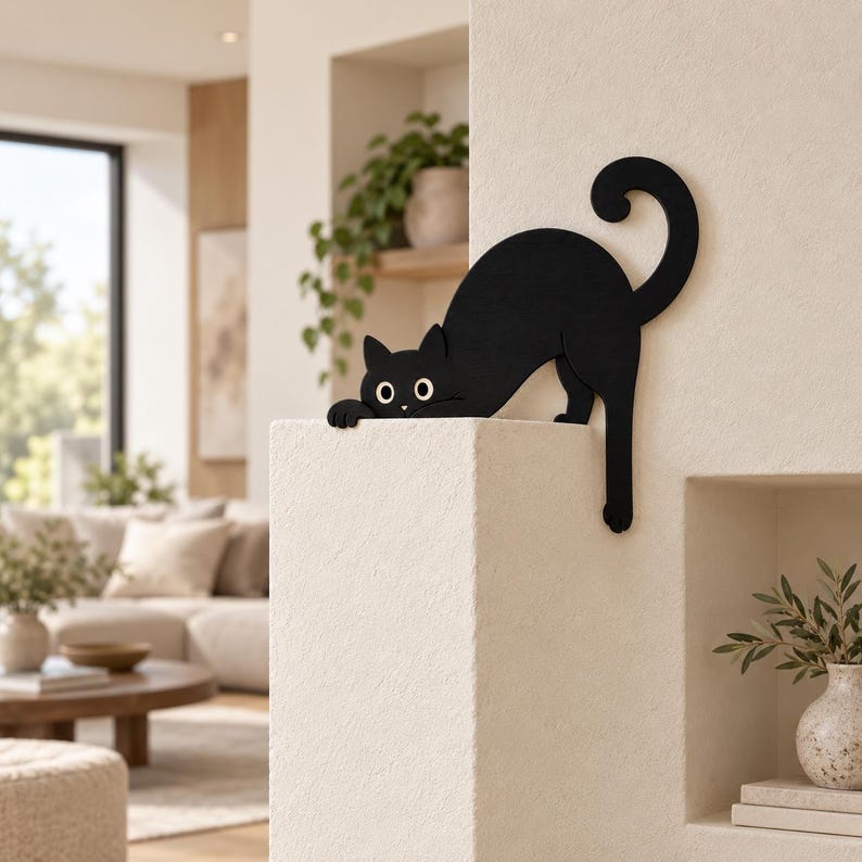 May include: A flat, black silhouette of a cat with large white eyes and a curled tail, designed to be mounted on the corner of a wall. The cat is depicted in a crouching position with its front paws extended over the edge of the wall surface.