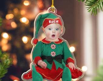 Personalized Babies Photo Ornament for First Christmas, Adorable Newborn Baby Elf Custom Baby Face Photo, Christmas Gift, Keepsake Ornament