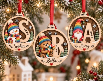 Custom Initial Wood Ornament, Personalized Name Christmas Gift, Snowman Bear Gnome Keepsake, Kid Holiday Tree Ornament, Christmas Decor 2026