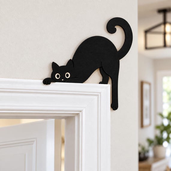 Black Cat Corner Sign, Halloween Door Corner Decor, Peeking Cat Door Topper, Wooden Halloween Sign, Spooky Cat Decor, Cat Lover Gift
