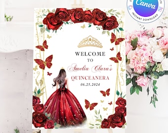 Puede incluir: Bienvenido al Quinceañera de Amelia Clara, un cartel con diseño floral rojo y dorado. El cartel presenta a una princesa con un vestido rojo y una corona dorada. La fecha del evento es el 06.25.2024.