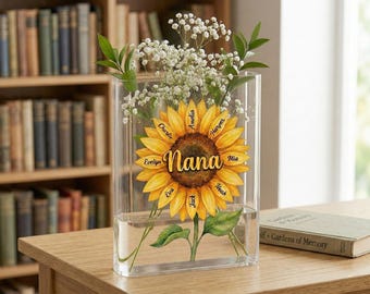 Personalized Nana Sunflower Book Vase, Present For Mom, Custom Grandkids Names Flower Vase, Grandma Mother’s Day Gift, Family Keepsake Decor