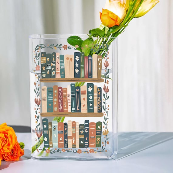 Book Lover Book Vase, Floral Bookshelf Acrylic Vase, Cottagecore Bookish Gift for Readers, Retro Plant Holder, Librarian Teacher Decor