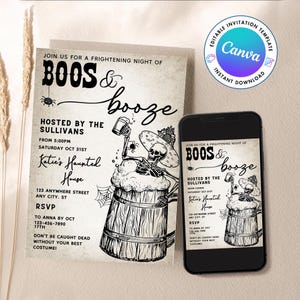 Plantilla de invitación para fiesta de Halloween con esqueletos, bebidas alcohólicas y cerveza, invitación editable para adultos, invitación imprimible para fiesta de cerveza, descarga instantánea