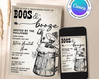 Skeleton Boos & Booze Halloween Party Invitation Template, Editable Adult Halloween Invite, Printable Fun Beer Invite, Instant Download