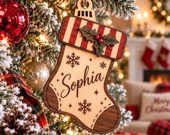 Personalized Stocking Wood Ornament, Custom Name Christmas Keepsake, Rustic Holiday Decor Gift, Kid Tree Ornament, Wooden Name Sign Gift