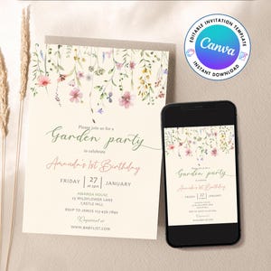 Garden Party Invitation template, Folk Wildflowers, Wild Floral, Watercolor Floral, Wildflower Birthday, Girl Birthday, Editable Template