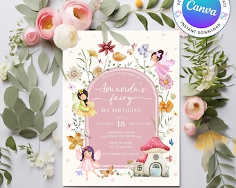 Bearbeitbare Fee Geburtstagseinladung Vorlage Verzauberte Whimsical Garden Waldmädchen einladen Florale magische Prinzessin Party Sofort Download