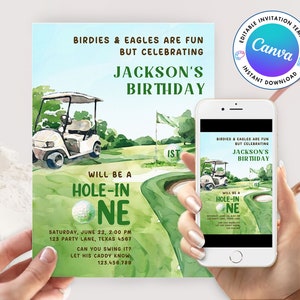 Zaproszenie na pierwsze urodziny w golfa, cyfrowe zaproszenie na Hole in One, zaproszenie na imprezę Hole in One, zaproszenie na minigolfa Hole in One do edycji