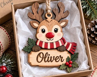 Personalized Reindeer Wood Ornament, Custom Name Christmas Keepsake, Kid Holiday Gift, Rustic Wooden Tree Decor, Reindeer Ornament 2026 Xmas