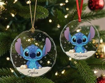 Personalized Stitch Christmas Ornament, Stitch Sea Glass Ornament, Disney Stitch Xmas Ornament Hanging, Christmas Tree Decor, Gift for Kids