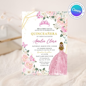 Blush Rosa Blumenrosen Quinceaùra Einladung VORLAGE, Rosa und Roségold Quinceaùra Einladung, Mis Quince Anos, Sweet 16 Birthday Girl