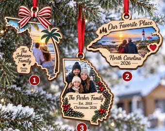 Personalized State Photo Wood Ornament, Custom Family Christmas Keepsake, Florida North Carolina Georgia Gift, Holiday Tree Decor Gift 2026