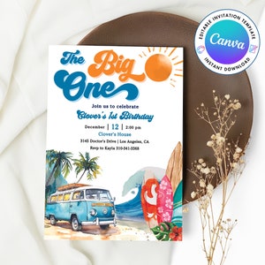 May include: A blue and orange birthday invitation featuring a vintage van, surfboards, and a sun. The text reads "The Big One" and "Clover's 1st Birthday".