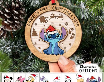 Enfeite de Natal com nome personalizado, primeiro enfeite de Natal do bebê, decoração de Natal com ponto Lilo e enfeite de ponto Disney 2024, lembrança
