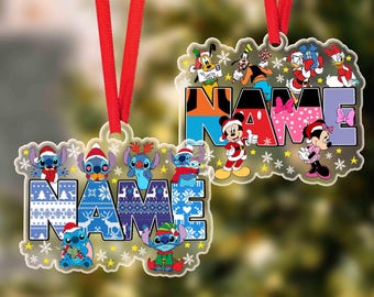 Enfeite de Natal personalizado da Disney, presente de Natal com nome em ponto cruz, decoração de árvore de Natal do Mickey Mouse, lembrança fofa personalizada da Disney para crianças