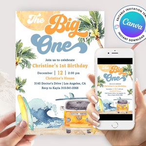 May include: A printable invitation for a first birthday party with a beach theme. The invitation features a yellow and orange van with surfboards on the roof, a blue wave, and palm trees. The text on the invitation reads "The Big One" and includes details about the party, such as the date, time, and location.
