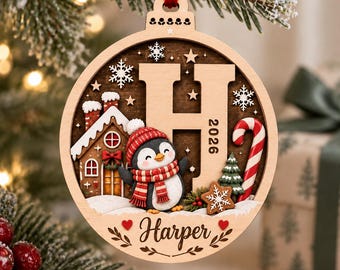 Custom Penguin Initial Wood Ornament, Personalized Name Christmas Gift, Kids Holiday Keepsake, Monogram Tree Decor, Wood Ornament Gift 2026