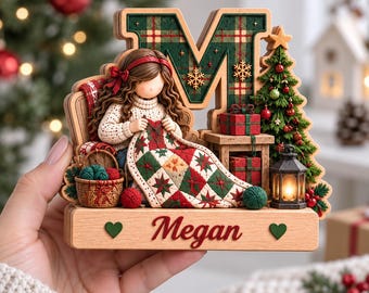 Custom Name Christmas Wooden Block, Personalized Initial Decor, Quilter Sewing Gift, Christmas Gift for Mom Grandma, Cozy Holiday