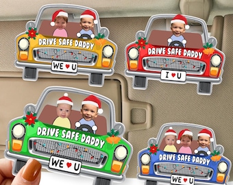Clip para visera de coche con foto "Conduce con cuidado, papá", regalo de Navidad personalizado para niños, clip de visera facial personalizado para niños, recuerdo de "Conduce con cuidado" para papá.