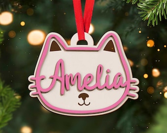 パーソナライズされた猫のクリスマスオーナメント、子猫の名前のオーナメント、カスタム猫の顔のオーナメント、猫のお母さんへのギフト、猫の飼い主へのギフト、猫好きへのクリスマスギフト