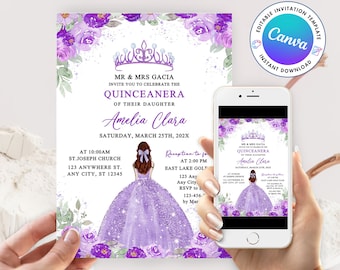 May include: Purple and white Quinceañera invitation with a floral design and a crown. The invitation includes the text "MR & MRS GACIA INVITE YOU TO CELEBRATE THE QUINCEANERA OF THEIR DAUGHTER Amelia Clara SATURDAY, MARCH 25TH, 202X".