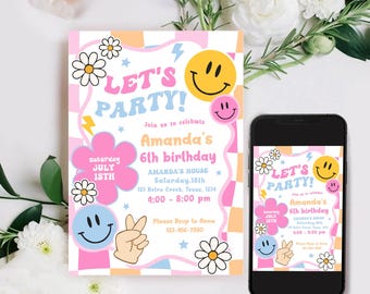May include: A pink and blue birthday party invitation with a checkered background and smiley faces. The invitation says "Let's Party!" and includes the text "Join us to celebrate Amanda's 6th birthday".