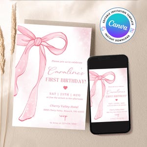 EDITABLE Pink Bow Birthday Invitation, Minimalist First Birthday Pink Watercolor Ribbon Blush Pink 1st Birthday Digital Template, Canva