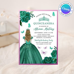 Smaragdgrün Silber Quinceanera Einladungsvorlage, Smaragdgrün Floral Silber Quinceaňera Einladung SOFORTIGER DOWNLOAD, 16.Geburtstag