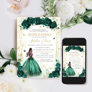 Modèle d'Invitation princesse Quinceañera or floral vert émeraude, invitation Quinceañera vert émeraude et or, 15e anniversaire invitation
