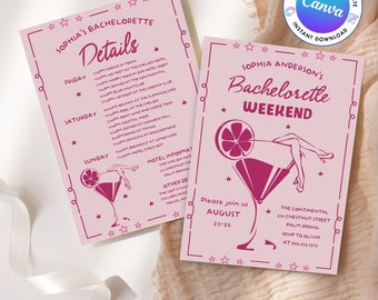 Pode incluir: Convite de despedida de solteira rosa e branco com um gráfico de copo de martini e o texto "Sophia Anderson's Bachelorette Weekend". O convite inclui detalhes sobre o fim de semana, incluindo o hotel, as datas e as informações de RSVP.