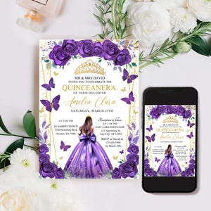 Bewerkbare paarse gouden quinceañera-uitnodigingssjabloon, paarse gouden quinceañera-uitnodiging, prinses tiara en vlinder, 16e verjaardag uitnodigen