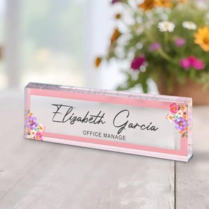 Desk Name Plate Pink Flowers Personalized Office Desk Name Plate with Pink Flowers On Clear Acrylic Custom Decor Name Sign Unique Gifts